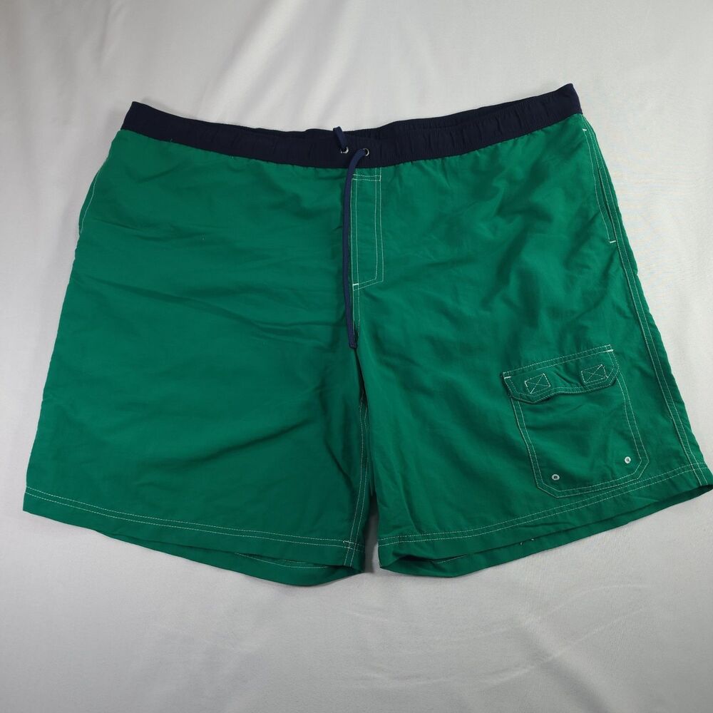 L.L. Bean Men's XXL Green Supplex Swim Trunks Navy Waist Cargo Pocket Lined